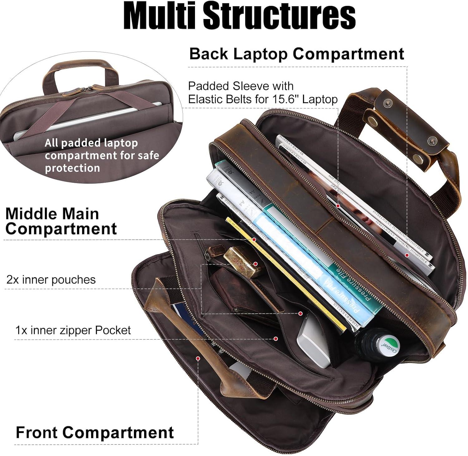 imageMasa Kawa Leather Briefcases Laptop Bag for Men for 156 inch Computer Vintage Brown Crossbody Shoulder Messenger Bags Business Travel Office Work Teacher Organizer Professional Brief Case Handbag