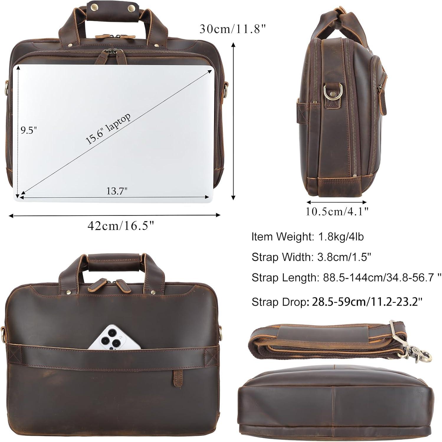 imageMasa Kawa Leather Briefcases Laptop Bag for Men for 156 inch Computer Vintage Brown Crossbody Shoulder Messenger Bags Business Travel Office Work Teacher Organizer Professional Brief Case Handbag