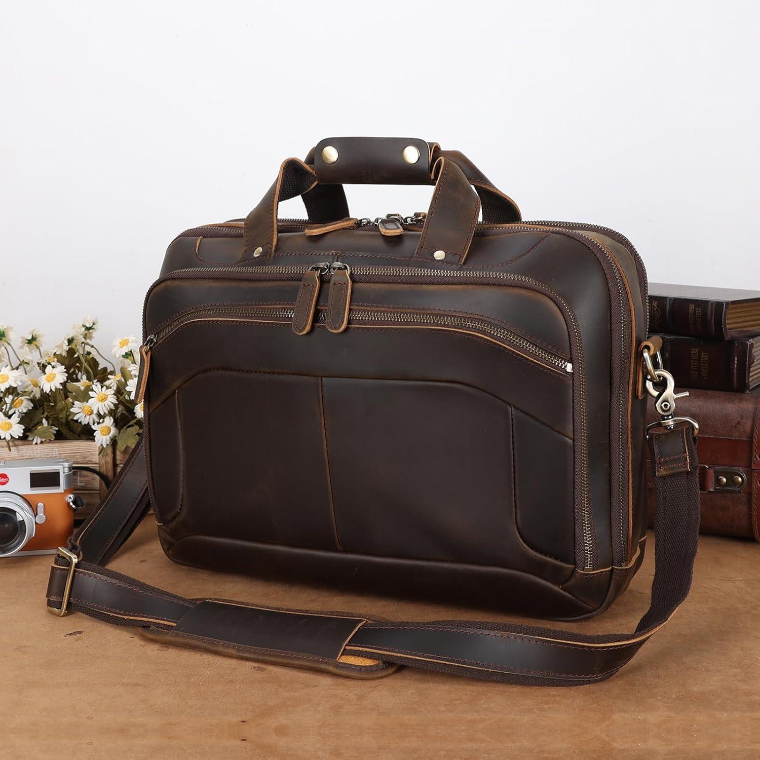 imageMasa Kawa Leather Briefcases Laptop Bag for Men for 156 inch Computer Vintage Brown Crossbody Shoulder Messenger Bags Business Travel Office Work Teacher Organizer Professional Brief Case Handbag