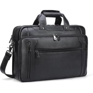 imageMasa Kawa Black Leather Briefcase for Men Waterproof 16 Inch Laptop Computer Case Crossbody Shoulder Messenger Bag for Business Travel Office Work