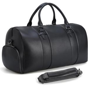 imageMasa Kawa Black Leather Duffle Bag for Travel Men 31L Carry On Waterproof Foldable Duffel Bag with Shoe Compartment for Gym Sports Overnight Weekender Camping