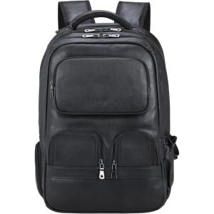 imageMasa Kawa Leather 156 Inch Laptop Backpack for Men Vintage Brown Large Business Travel Rucksack Bag Overnight DaypackBlack