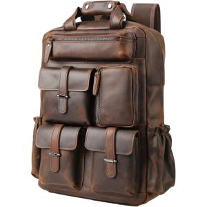 imageMasa Kawa Leather Backpack for Men Vintage 156 Inch Laptop Bag Multi Pockets Casual Travel Daypack BrownBrown