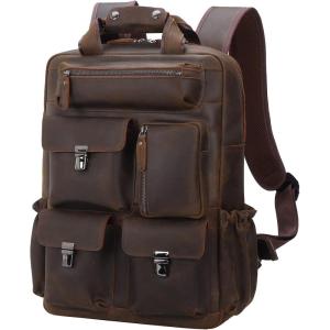 imageMasa Kawa Leather Backpack for Men Vintage 156 Inch Laptop Bag Multi Pockets Casual Travel Daypack BrownDeep Brown