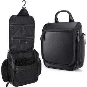 imageMasa Kawa Leather Hanging Travel Toiletry Bag for Men Portable Expandable Camping Cosmetics Makeup Toiletries Organizer Waterproof Bathroom Shaving Kit Black Wash BagsBlack