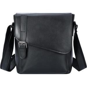 imageMasa Kawa Leather Messenger Bag Small Crossbody Shoulder Bag for Men Women Flap Over Man Purse Fits 10 Inch TabletBlack