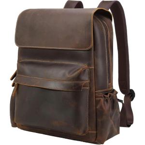 imageMasa Kawa Vintage Full Grain Leather 156 Inch Laptop Backpack for Men Casual Business Travel Rucksack Work Bag Daypack Brown LargeBrownupdated